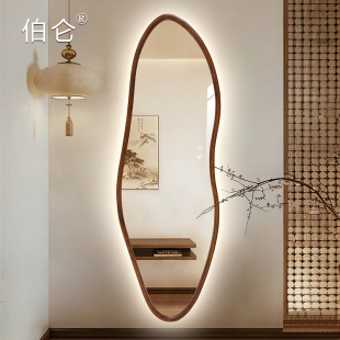 中古风智能全身镜衣帽间实木异形LED试衣镜子挂墙家用带灯穿衣镜