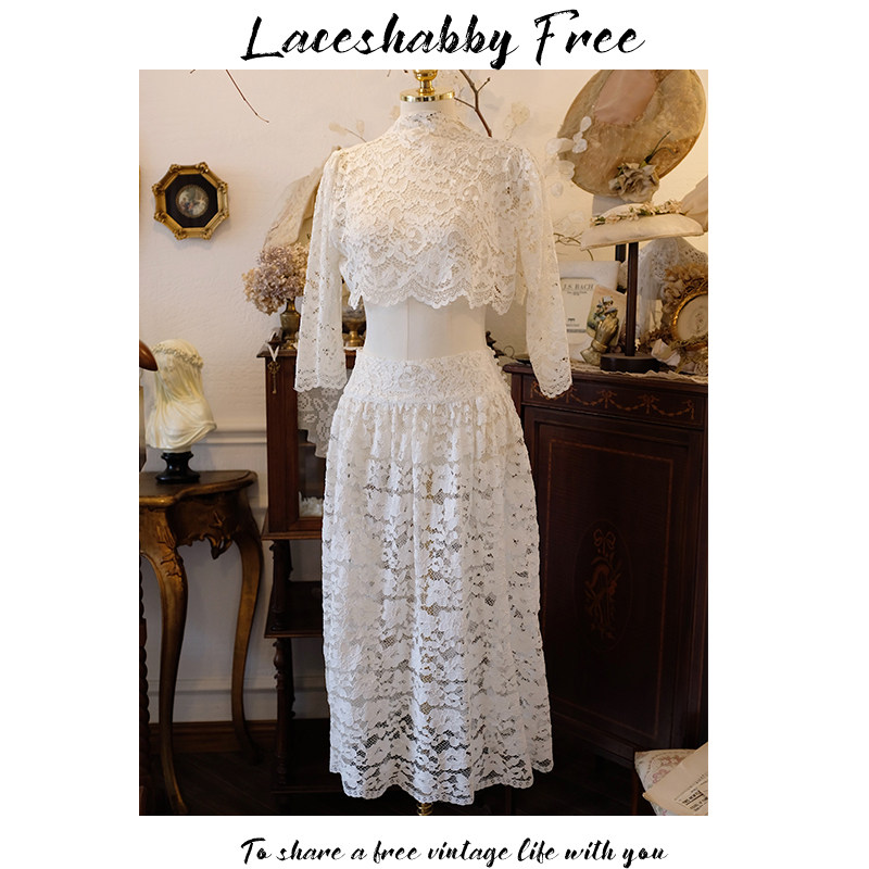LACESHABBY新款法式复古风格白色镂空绣花蕾丝露腰连衣裙套装女装
