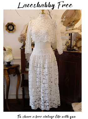 LACESHABBY新款法式复古风格白色镂空绣花蕾丝露腰连衣裙套装女装