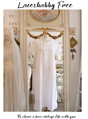 LACESHABBY新款法式复古白色纯棉蕾丝vintage短袖睡衣睡裙家居服
