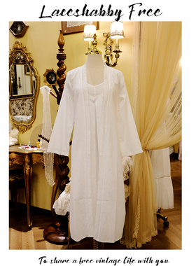 新款法式复古马德拉刺绣蕾丝白色纯棉晨袍睡裙睡衣家居服两件套