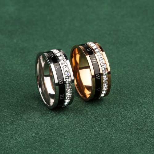 不掉色转动镶钻素圈戒指男潮百搭