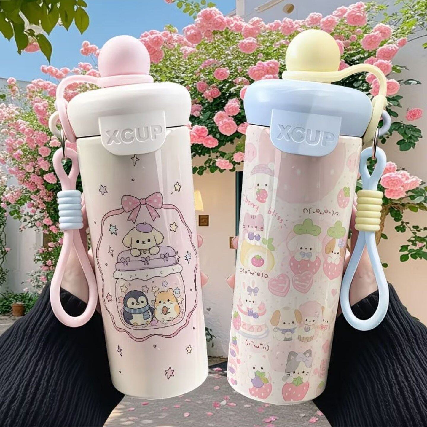 甜萌粉色可爱动物卡通不锈钢浮球吸管保温杯大容量咖啡杯学生杯子