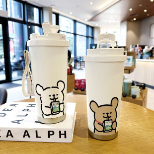 线条可爱保温杯学生316不锈钢水杯男女儿童吸管便捷式咖啡杯