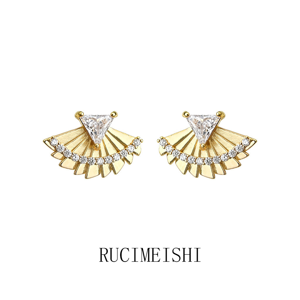 原创几何扇形国潮设计师款个性创意镶嵌锆石镀银针新款耳饰耳钉女