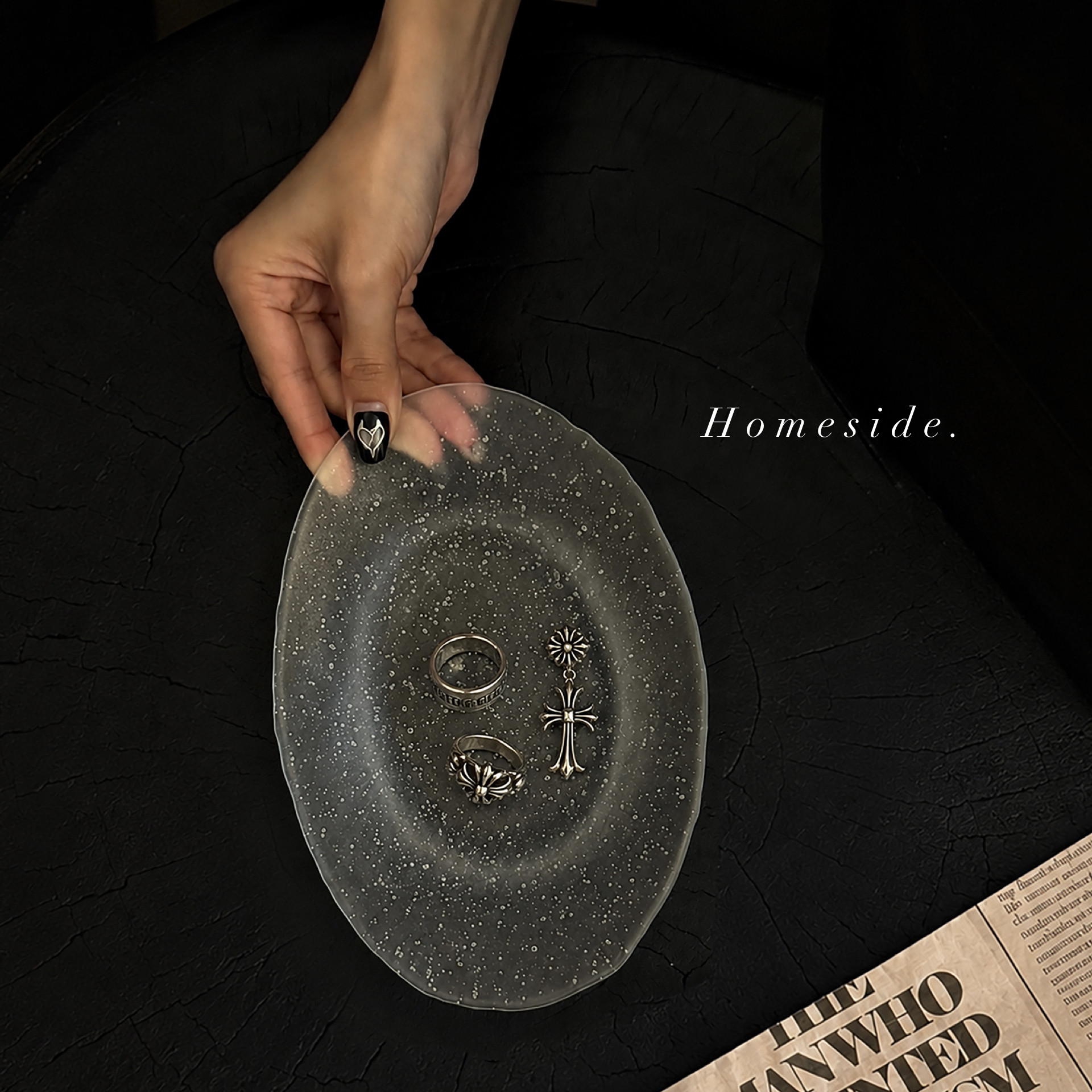 Homeside日式气泡玻璃盘复古椭圆点心餐盘水果沙拉甜品盘首饰盘