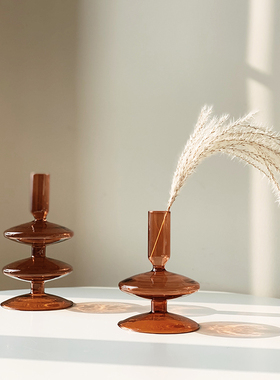 Homeside复古玻璃花瓶ins克莱因蓝中古茶色烛台花器民宿装饰摆件