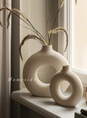 Homeside圆环花瓶北欧ins圆形素烧磨砂环形陶瓷花器民宿摆件