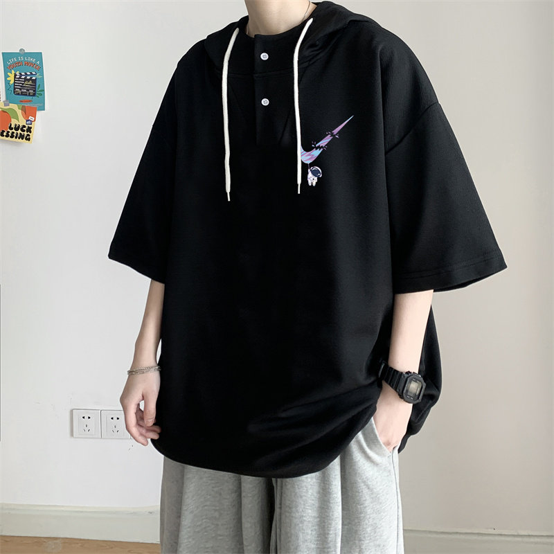 ！夏季港风冰丝宽松连帽短袖t恤五分体恤上衣TLM214-P40控58,男装T恤,电商B370