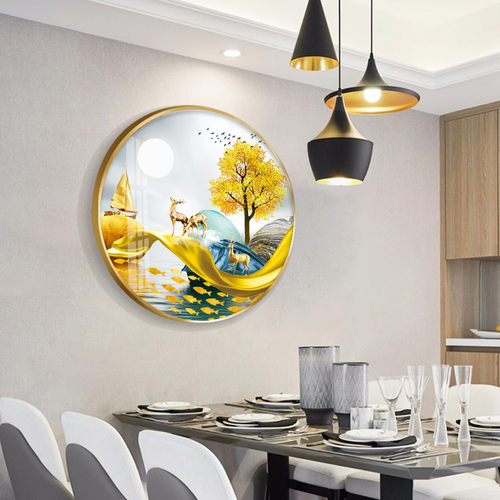 招财鹿圆形铝合金玄关轻奢装饰画