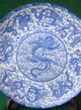景德镇瓷器仿古工艺瓷盘礼品瓷摆件35公分仿古青花九龙大盘