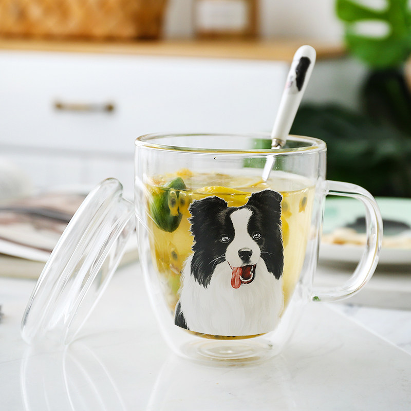 同款边境牧羊犬高硼硅玻璃水杯大容量宠物水杯带盖双层玻璃牛奶杯