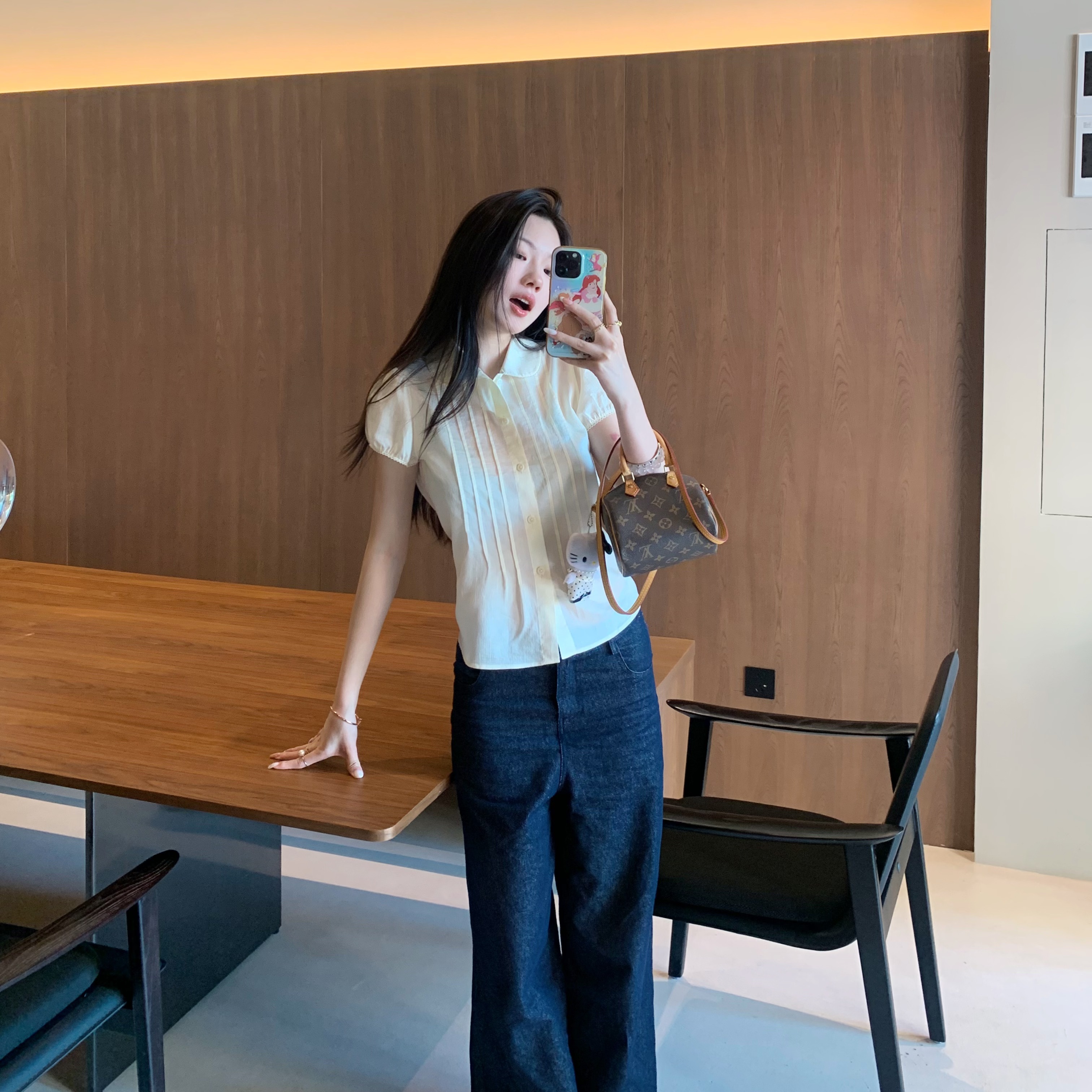 【王点点】宅女RARE同款彼得领花边系带短袖甜美泡泡袖衬衫夏女