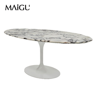 麦古意式 百搭 极简大理石椭圆形郁金香餐桌客厅家用奶油风桌子经典