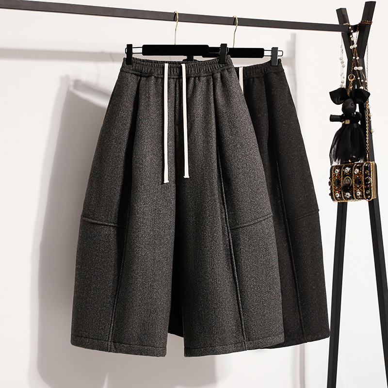 大码抽绳高腰加绒羊绒八分阔腿裤