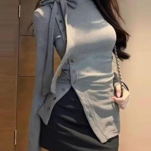 上衣 大码 设计感T恤女秋冬季 2024新款 胖妹妹内搭设计感开叉打底衫