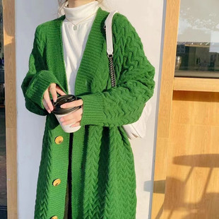 大码 复古绿色秋冬加厚毛衣外套胖妹妹慵懒中长款 过膝麻花针织开衫