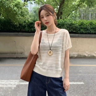 大码薄款韩系镂空复古肌理感冰丝针织衫女夏季胖妹妹圆领套头上衣