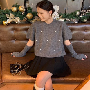 大码法式氛围感花朵钉珠袖套毛衣女秋冬季胖妹妹气质百搭显瘦上衣