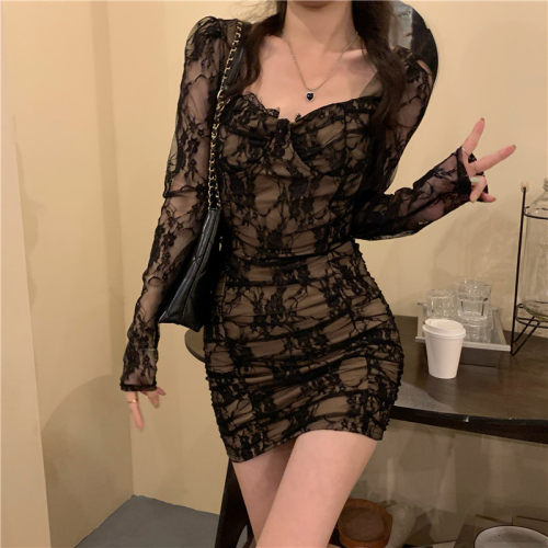 大码女装胖妹妹mm黑色性感蕾丝连衣裙2025早秋新款心机包臀打底裙