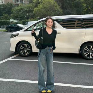 胖妹妹设计感时尚 2024年秋冬季 女装 新款 翻领百搭V领针织上衣 大码