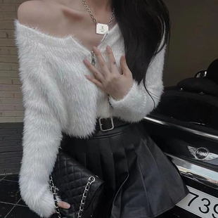 大码女装甜美毛茸茸针织衫女秋冬胖妹妹慵懒风拉链水貂绒毛衣外套