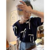 韩版 蝴蝶结短袖 T恤女夏季 大码 胖妹妹设计感甜美减龄短针织衫 上衣