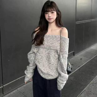 韩系慵懒风一字肩毛衣女秋冬季 大码 胖妹妹松弛感软糯纯欲甜辣上衣