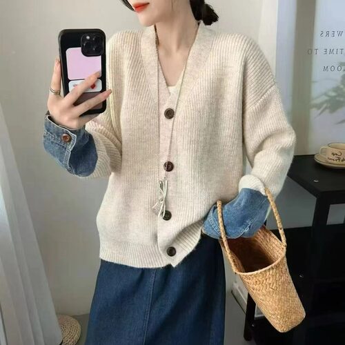 开衫休闲百搭牛仔袖拼接毛衣