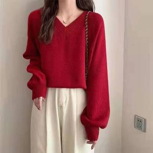 毛衣 2024年秋冬季 大码 胖妹妹慵懒风V领套头宽松纯色泡泡袖 针织衫