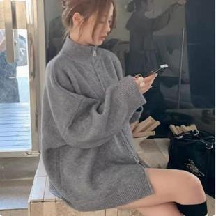 大码 外套 设计感双拉链高立领毛衣秋冬季 胖妹妹外穿慵懒风针织开衫