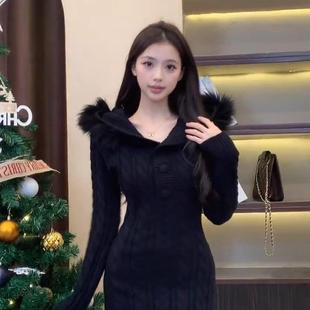 复古连帽毛线连衣裙女秋冬季 大码 胖妹妹高级感别致慵懒风针织毛衣