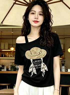 大码韩版斜肩吊带短袖T恤女夏
