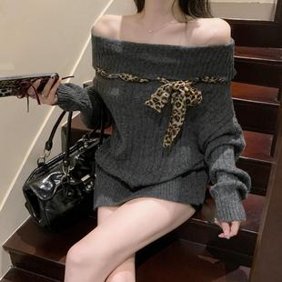一字肩麻花针织衫 大码 女秋冬胖妹妹豹纹飘带露肩上衣慵懒毛衣外套