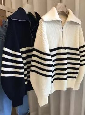 大码polo大翻领毛衣女半拉链高领条纹秋冬宽松慵懒风套头毛针织衫