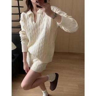 套装 2025秋冬大码 休闲短裤 套头毛衣 女 胖妹妹慵懒风POLO领针织衫