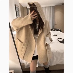 廓形连帽加厚口袋针织开衫 大码 女秋冬胖mm显瘦设计感小众毛衣外套