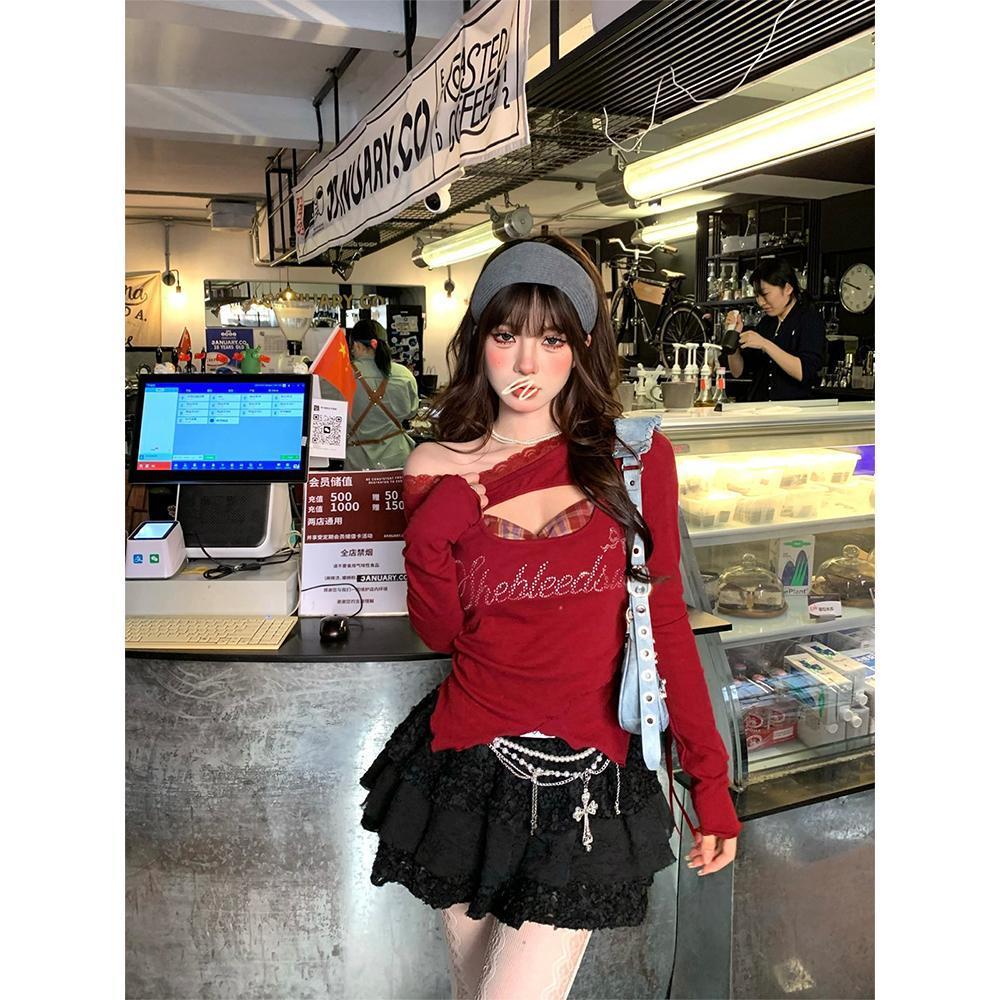 大码纯欲风辣妹红色T恤