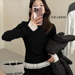 新款 女装 2024秋冬季 大码 T恤 胖妹妹内搭都绝美加绒花边打底衫 长袖