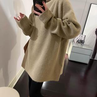 大码 打底上衣 卡其色高领慵懒风毛衣女秋冬季 胖mm设计感开叉中长款