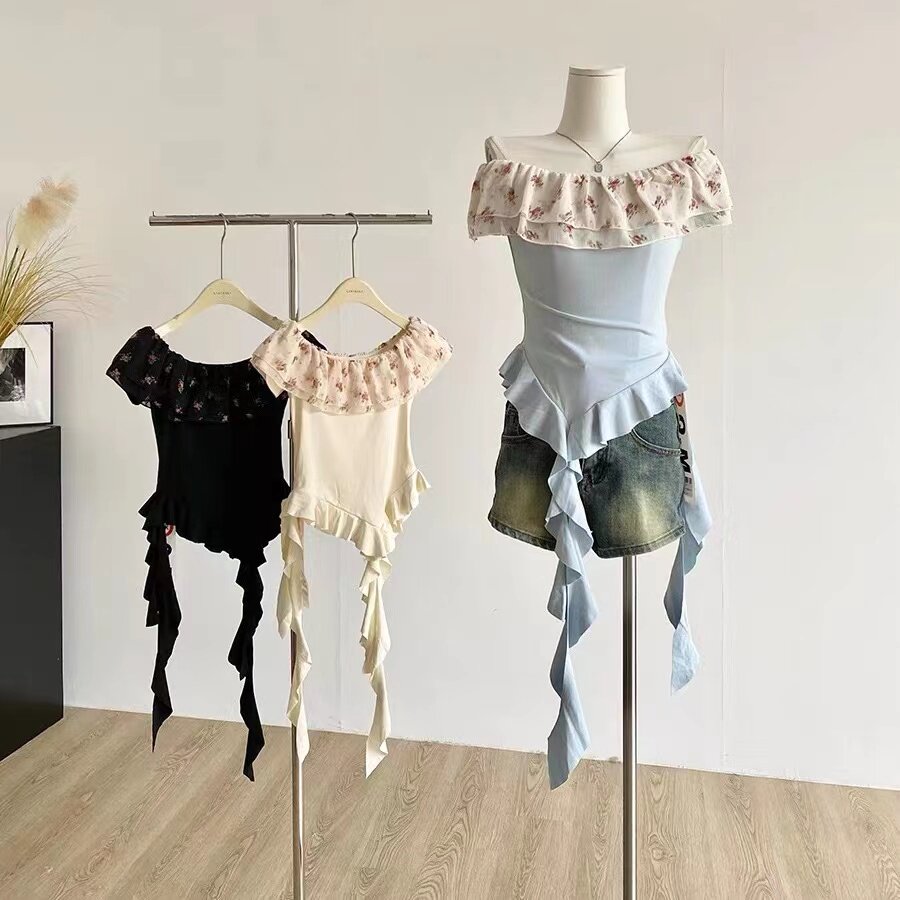 大码甜美小花荷叶边不规则短上衣女夏季胖妹妹一字肩紧身短袖t桖