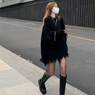 潮设计感套头加厚毛衣女 2024秋冬新款 大码 女装 胖MM慵懒风破洞个性