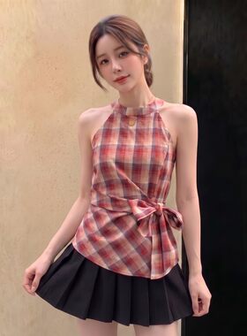 露锁骨吊带收腰系带无袖上衣