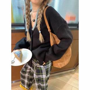 大码 慵懒风宽松显瘦毛衣潮 V领针织开衫 外套秋冬胖妹妹设计感韩版