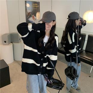 大码 条纹百搭简约上衣潮 毛衣外套女秋冬季 胖mm慵懒风针织开衫