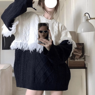 大码 潮流设计流苏麻花毛衣女秋冬季 胖妹妹宽松百搭小众菱形针织衫