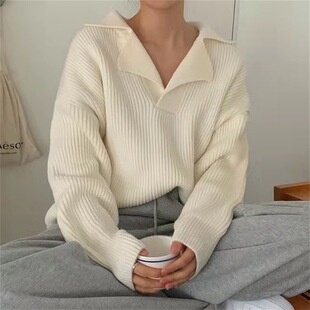 大码套头毛衣女秋冬季胖妹妹V字翻领套头韩版长袖外穿宽松针织衫