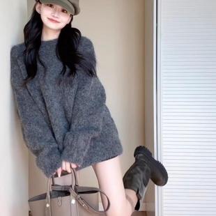 上衣 大码 慵懒风灰色中长款 海马毛毛衣女秋冬季 胖妹妹美拉德针织衫