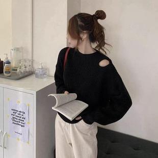 毛衣女秋冬胖妹妹小心机镂空针织衫 大码 个性 慵懒风露肩针织衫 长袖