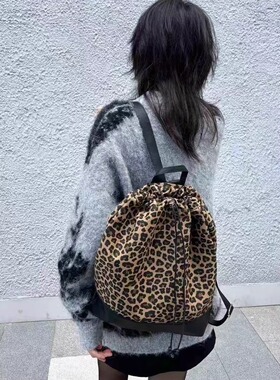 豹纹休闲双肩包女大容量抽绳甜酷辣妹风包包外出旅游背包